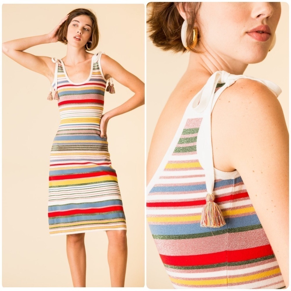 VERONICA BEARD Dulce Striped Knit Dress with Tassels Sz Large✨ - Picture 2 of 16